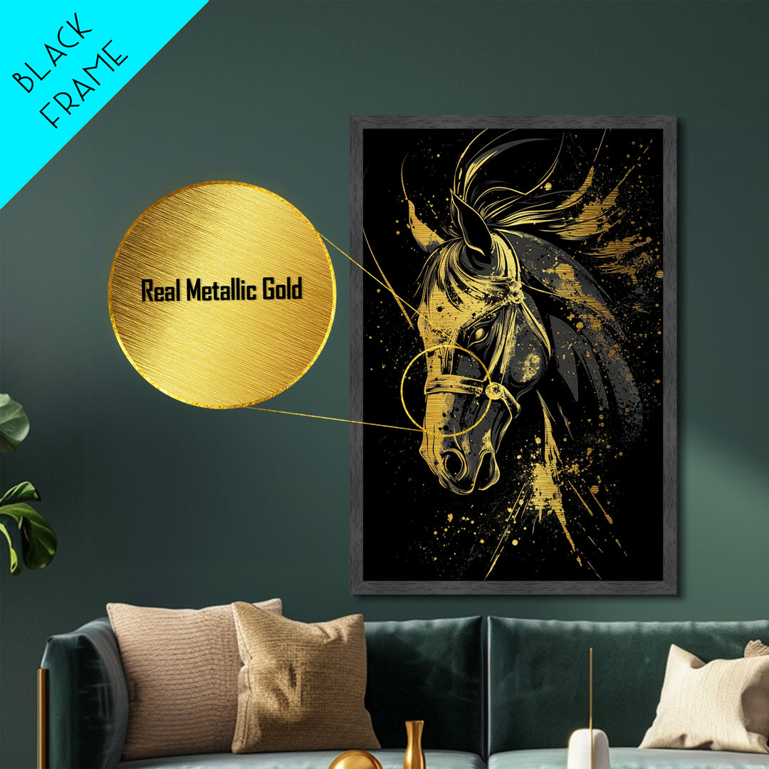 Majestic Horse Metallic Gold Metal Print, Equestrian Wall Art, Splatter Style Decor, Real Wood Frame, Bold Animal Artwork