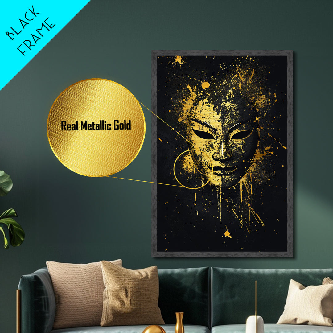 Elegant Tribal Face Metallic Gold Metal Print, Abstract Cultural Mask Art, Modern Wall Decor, Real Wood Frame, Splatter Artwork