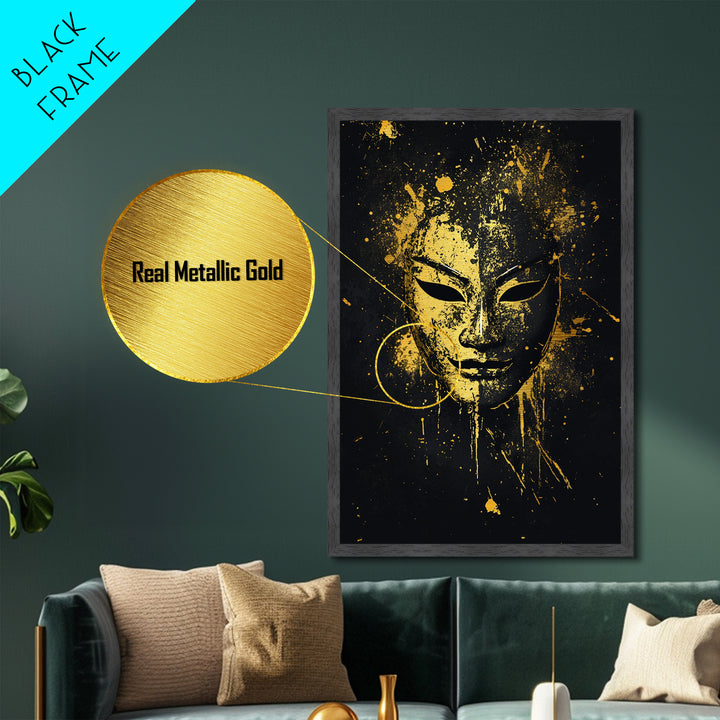 Elegant Tribal Face Metallic Gold Metal Print, Abstract Cultural Mask Art, Modern Wall Decor, Real Wood Frame, Splatter Artwork