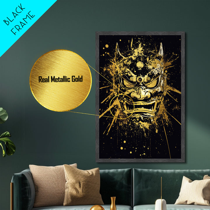 Demon Mask Metallic Gold Metal Print, Fierce Samurai Style Art, Splatter Wall Decor, Real Wood Frame, Bold Statement Artwork