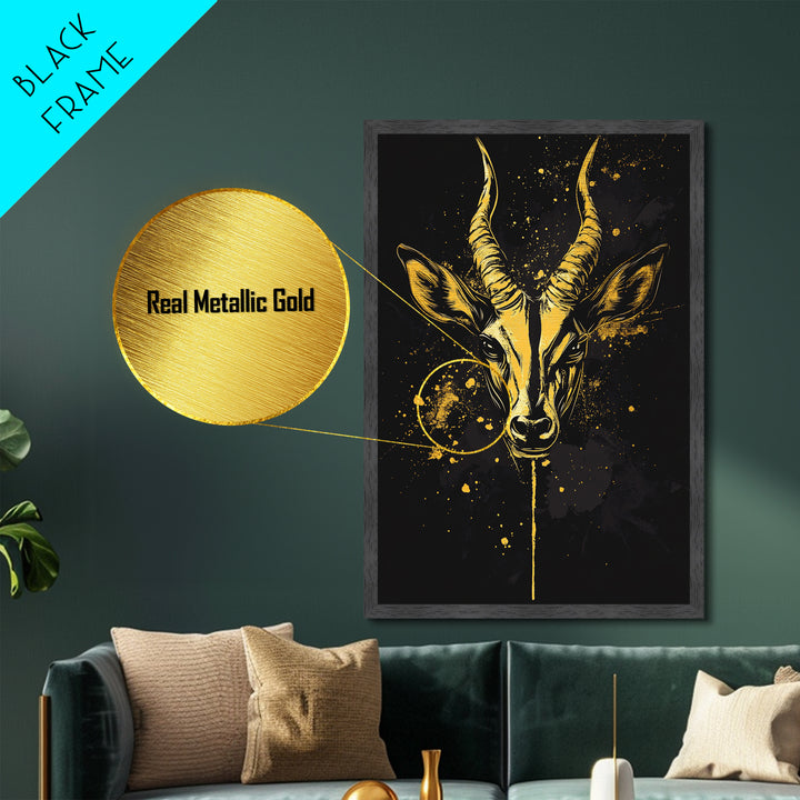 Antelope Head Metallic Gold Metal Print, Wildlife Art, Splatter Animal Decor, Real Wood Frame, Bold Tribal Inspired Artwork