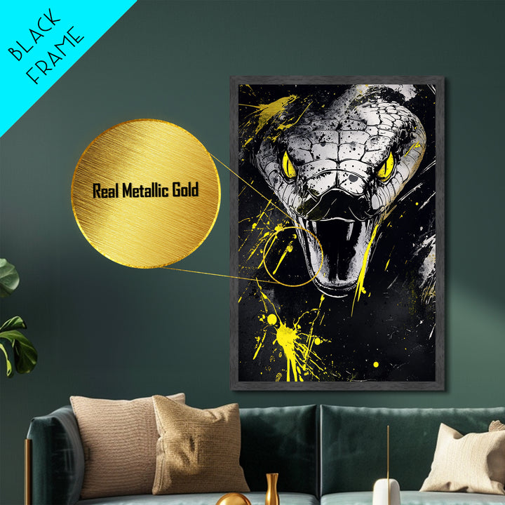 Viper Snake Metallic Gold Metal Print, Venomous Reptile Art, Bold Splatter Wall Decor, Real Wood Frame, Fierce Snake Artwork