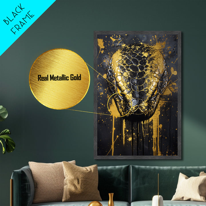Python Snake Metallic Gold Metal Print, Tribal Reptile Art, Bold Metal Wall Decor, Real Wood Frame, Splatter Animal Artwork