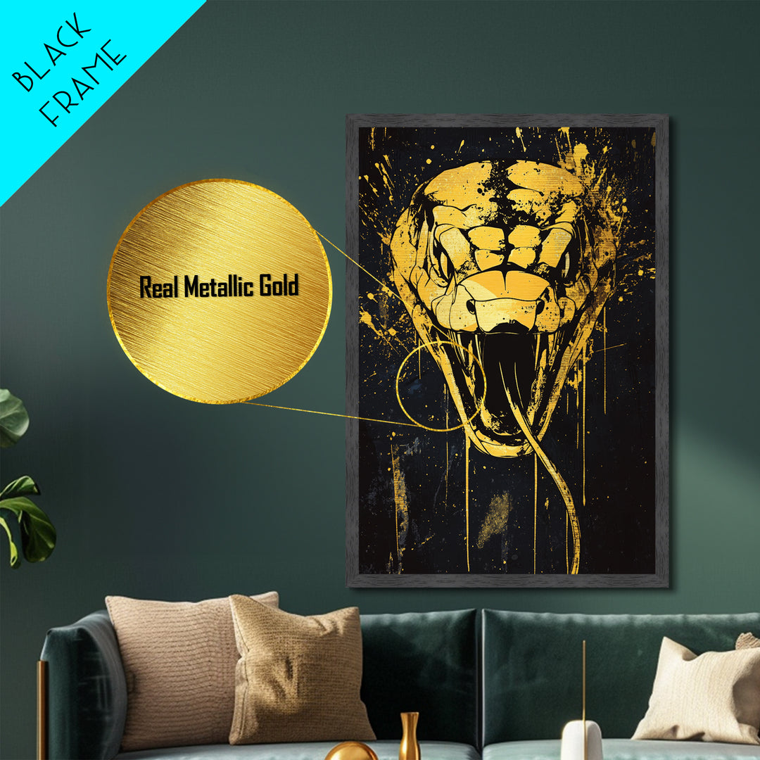 Cobra Head Metallic Gold Metal Print, Fierce Snake Art, Splatter Style Metal Decor, Real Wood Frame, Bold Animal Statement Artwork