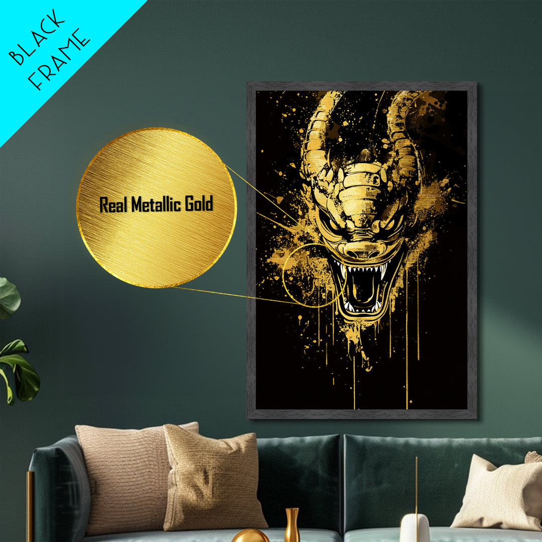 Mythical Dragon Face Artwork,Modern Fantasy Wall Decor,Real Wood Frame,Bold Creature Art,Striking Home Accent