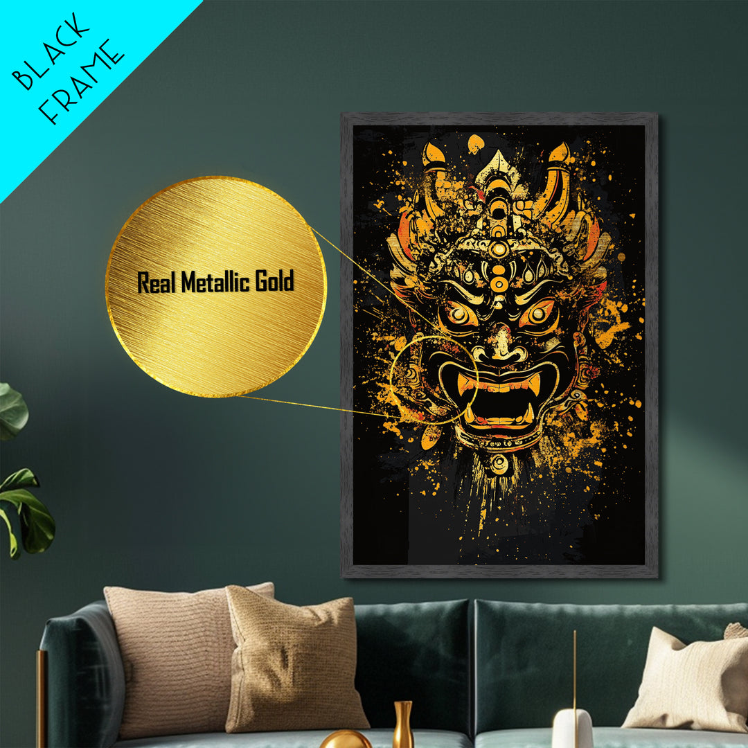 Fierce Demon Mask Artwork,Modern Cultural Wall Decor,Real Wood Frame,Bold Mythical Art,Striking Statement Accent