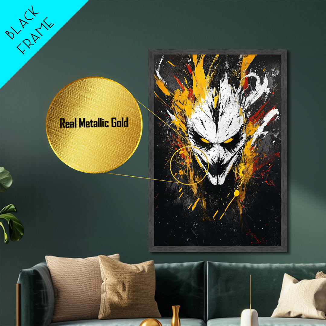 Intense Mask Artwork,Modern Abstract Wall Decor,Real Wood Frame,Bold Fiery Art,Striking Vibrant Statement Piece