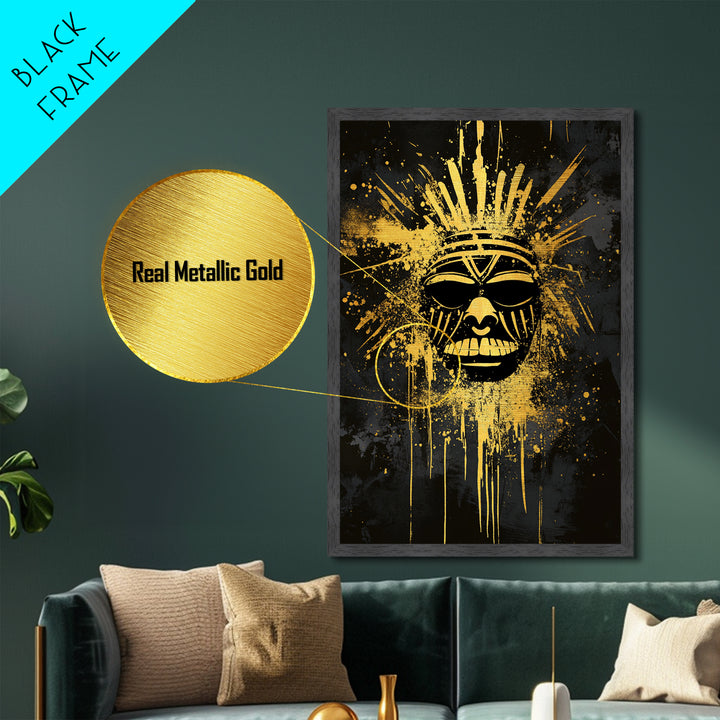 Tribal Sun Mask Metallic Gold Metal Print, Bold Wall Art With Real Wood Frame, Cultural Decor, Splatter Style Artwork