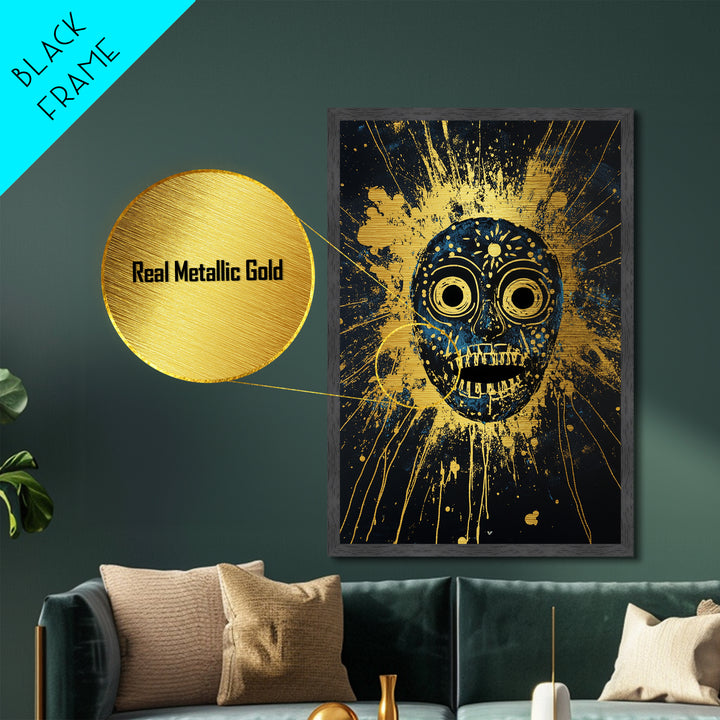 Cosmic Tribal Mask Metallic Gold Metal Print, Unique Wall Art With Real Wood Frame, Ethnic Decor, Bold Splatter Artwork