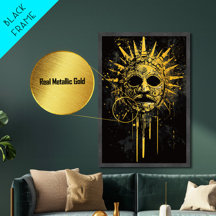 Aztec Sun God Mask Metallic Gold Metal Print, Tribal Wall Art With Real Wood Frame, Ancient Culture Decor, Bold Artwork