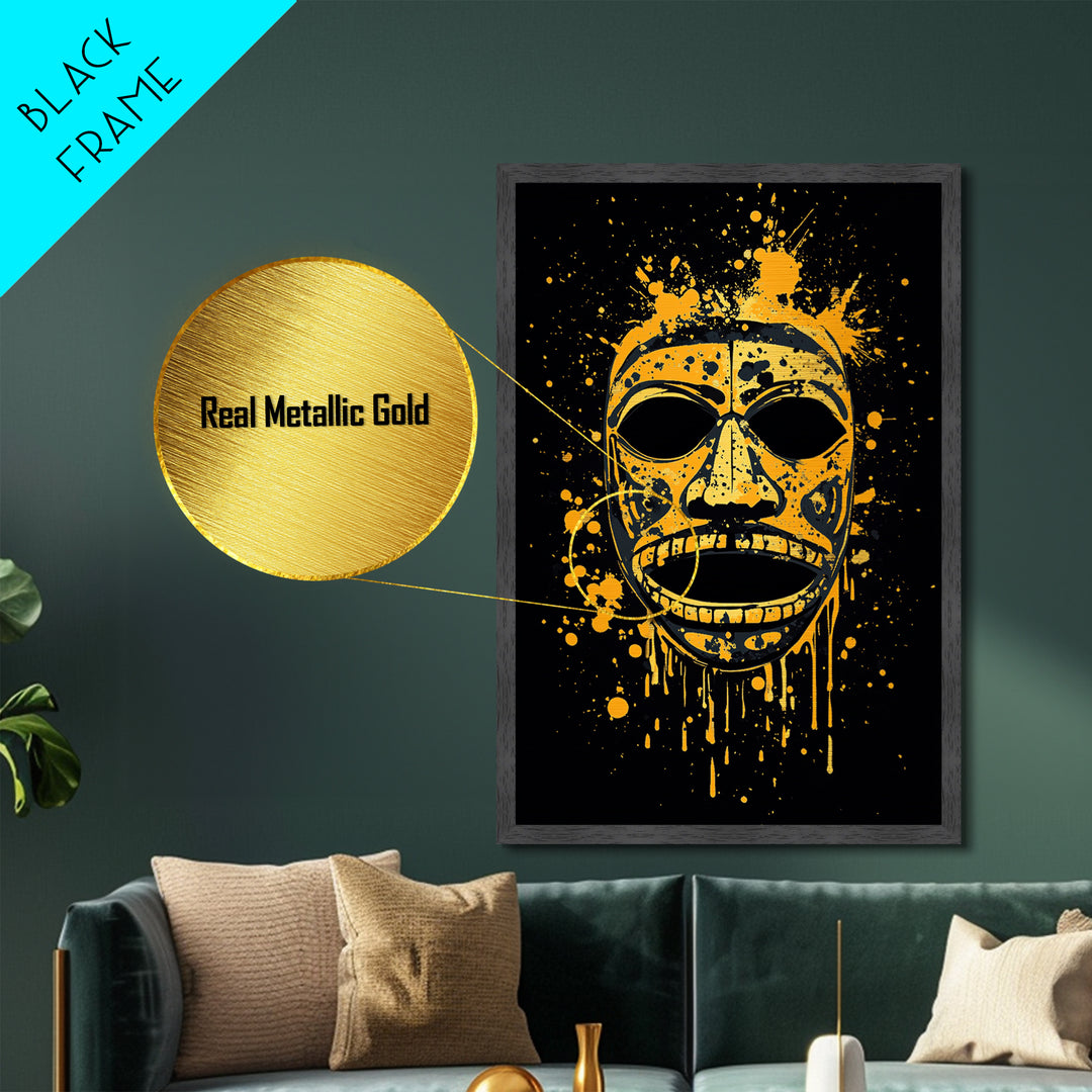 Traditional Tribal Mask Metallic Gold Metal Print, Splatter Style Wall Art With Real Wood Frame, Cultural Decor Accent
