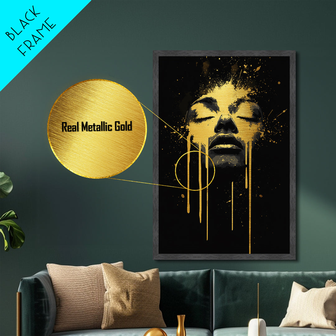 Golden Face Metallic Gold Art, Modern Wall Print With Real Wood Frame, Abstract Portrait, Splatter Style Cultural Decor