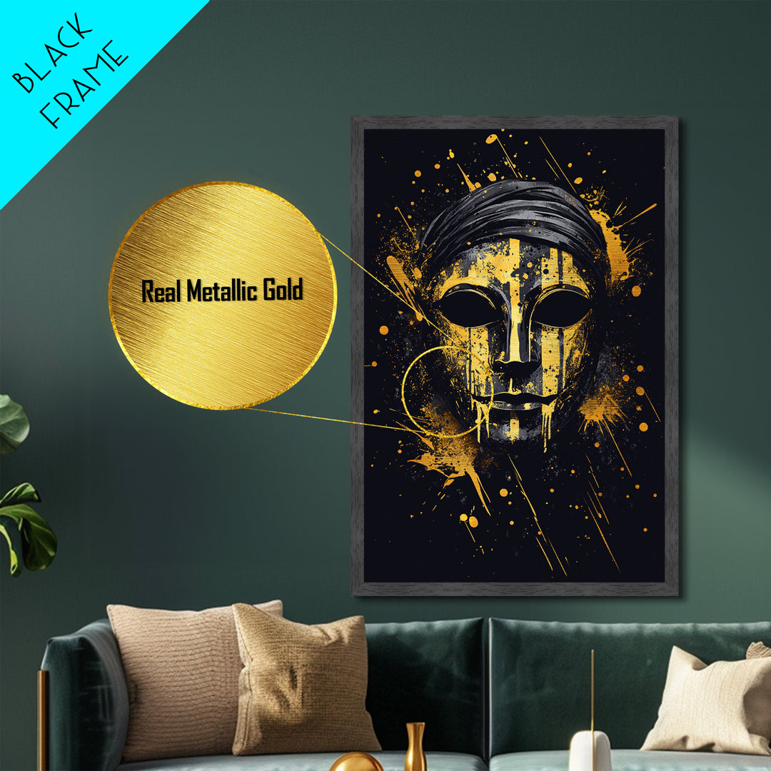 Classic Tribal Mask Metallic Gold Metal Print, Bold Ethnic Wall Art With Real Wood Frame, Splatter Style Cultural Decor