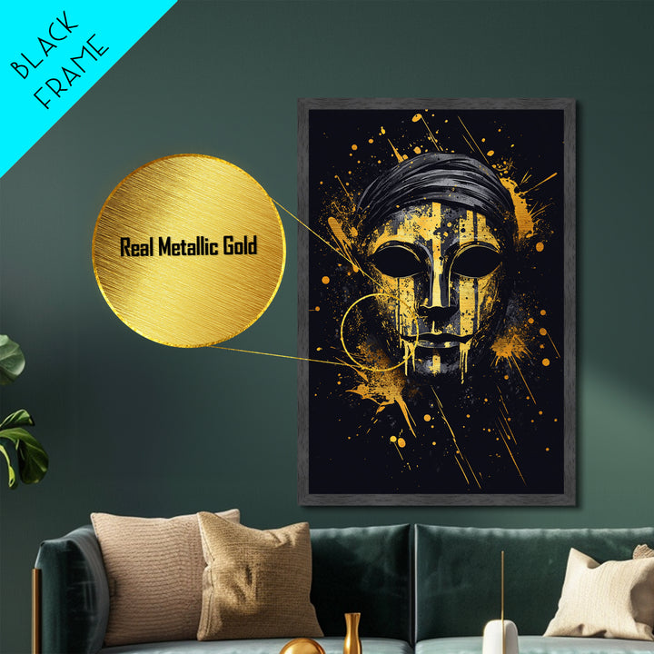 Classic Tribal Mask Metallic Gold Metal Print, Bold Ethnic Wall Art With Real Wood Frame, Splatter Style Cultural Decor