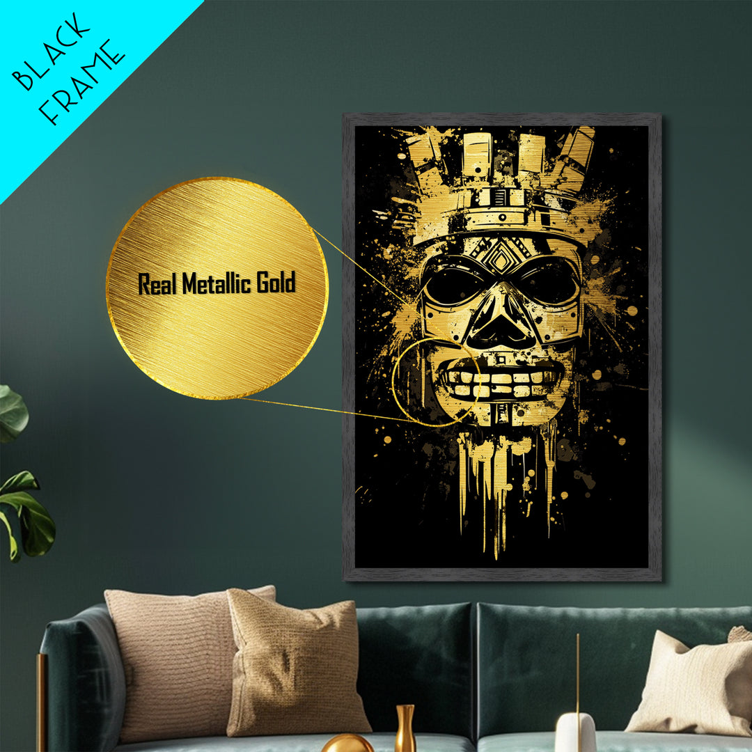 Ancient Warrior Mask Metallic Gold Metal Print, Bold Wall Art With Real Wood Frame, Cultural Splatter Style Home Decor