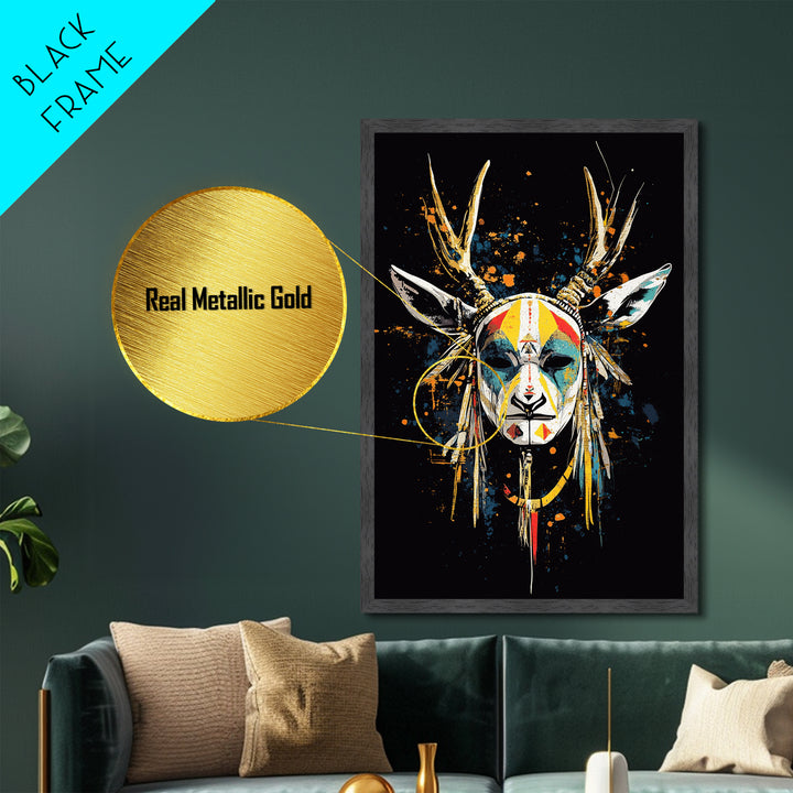 Deer Horn Mask Metallic Gold Metal Print, Tribal Wall Art With Real Wood Frame, Ethnic Splatter Style Bold Wall Accent