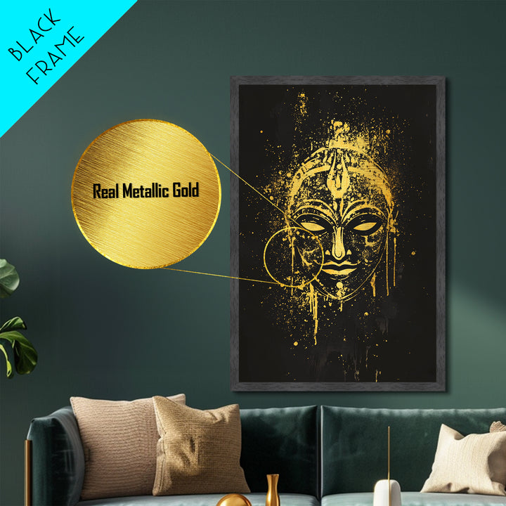 Mystical Goddess Mask Metallic Gold Art, Cultural Wall Print With Real Wood Frame, Splatter Style Decor For Bold Homes