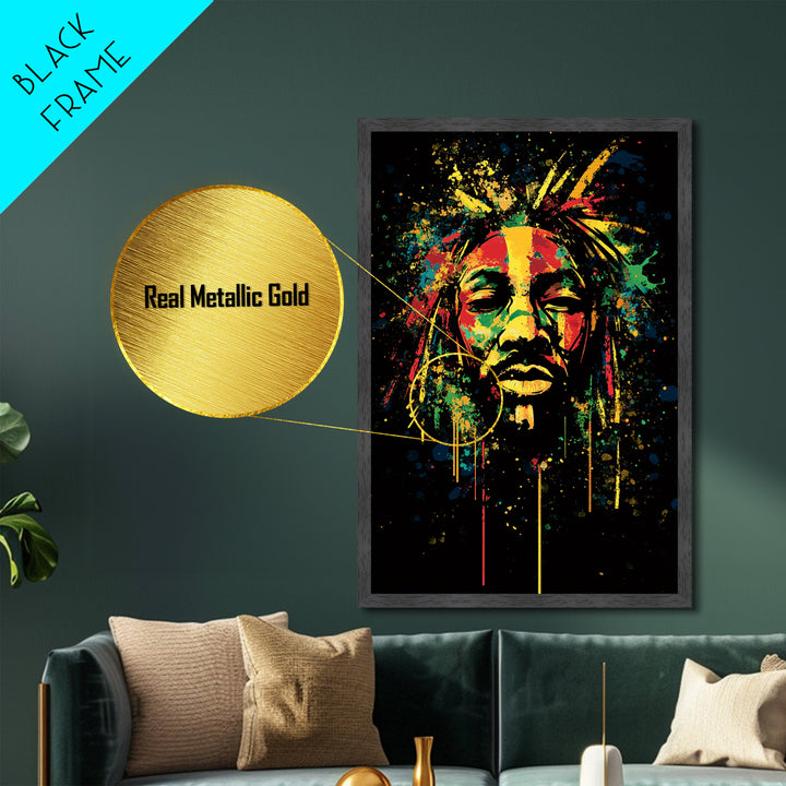 Rastafarian Portrait Metallic Gold Metal Print, Vibrant Cultural Wall Art With Real Wood Frame, Bold Splatter Style Decor