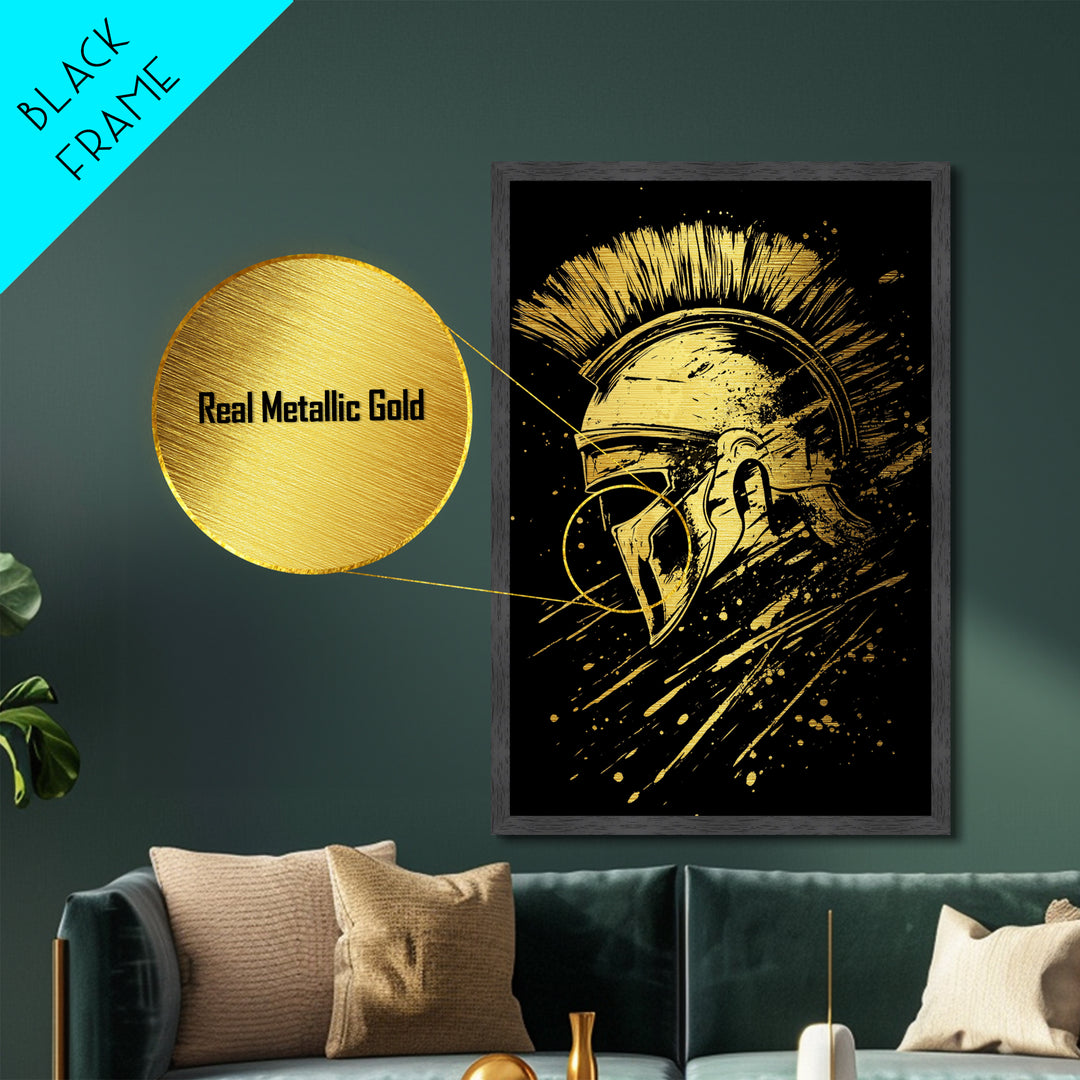 Spartan Warrior Helmet Metallic Gold Metal Print, Ancient Greek Art, Mythology Wall Decor, Real Wood Frame, Bold Statement Piece