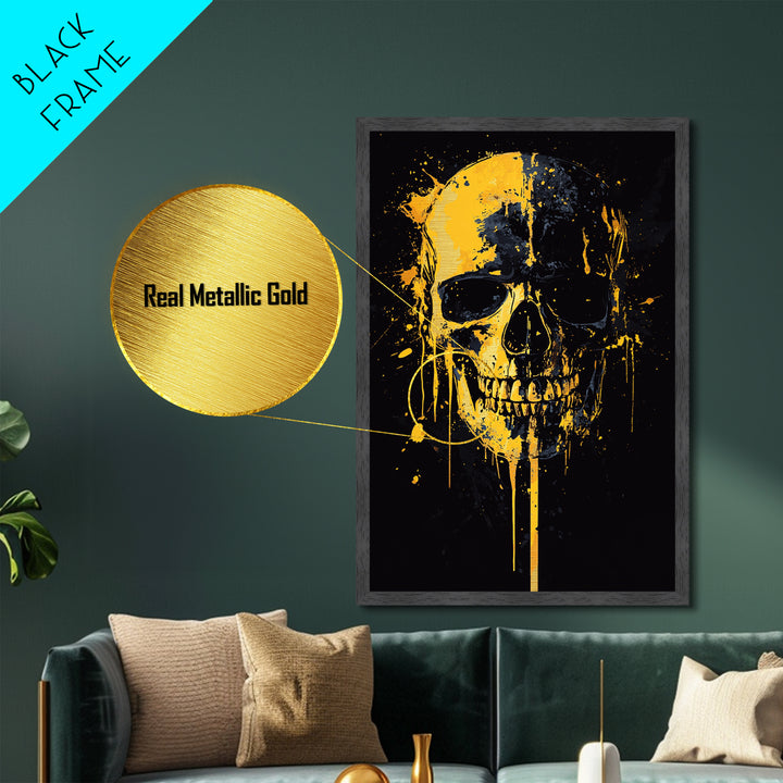 Dripping Skull Metallic Gold Metal Print, Gothic Wall Art, Dark Decor, Edgy Skull Artwork, Real Wood Frame, Modern Statement Piece