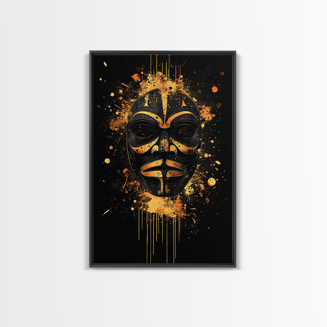 Nordic Warrior Mask Gold Canvas Print, Viking Art, Norse Wall Decor, Bold Splatter Artwork, Real Wood Frame, Mythology Design
