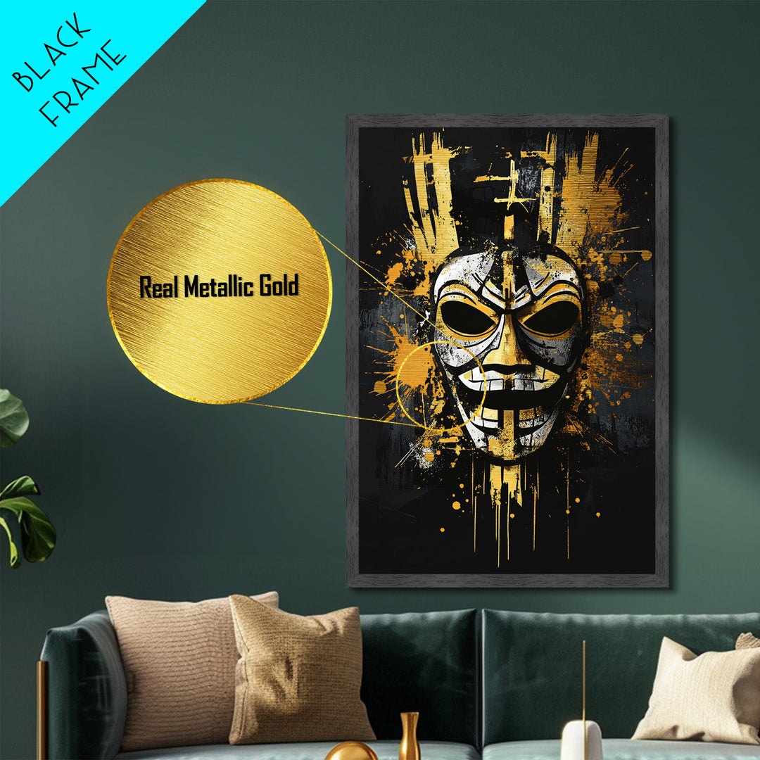 Tribal Warrior Mask Metallic Gold Metal Print, Fierce Mask Art, Bold Wall Decor, Real Wood Frame, Dramatic Splatter Effect Artwork