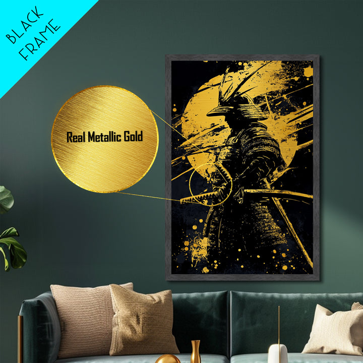 Samurai Warrior Metallic Gold Metal Print, Japanese Art, Martial Wall Decor, Bushido Inspired Artwork, Real Wood Frame, Bold Statement Piece