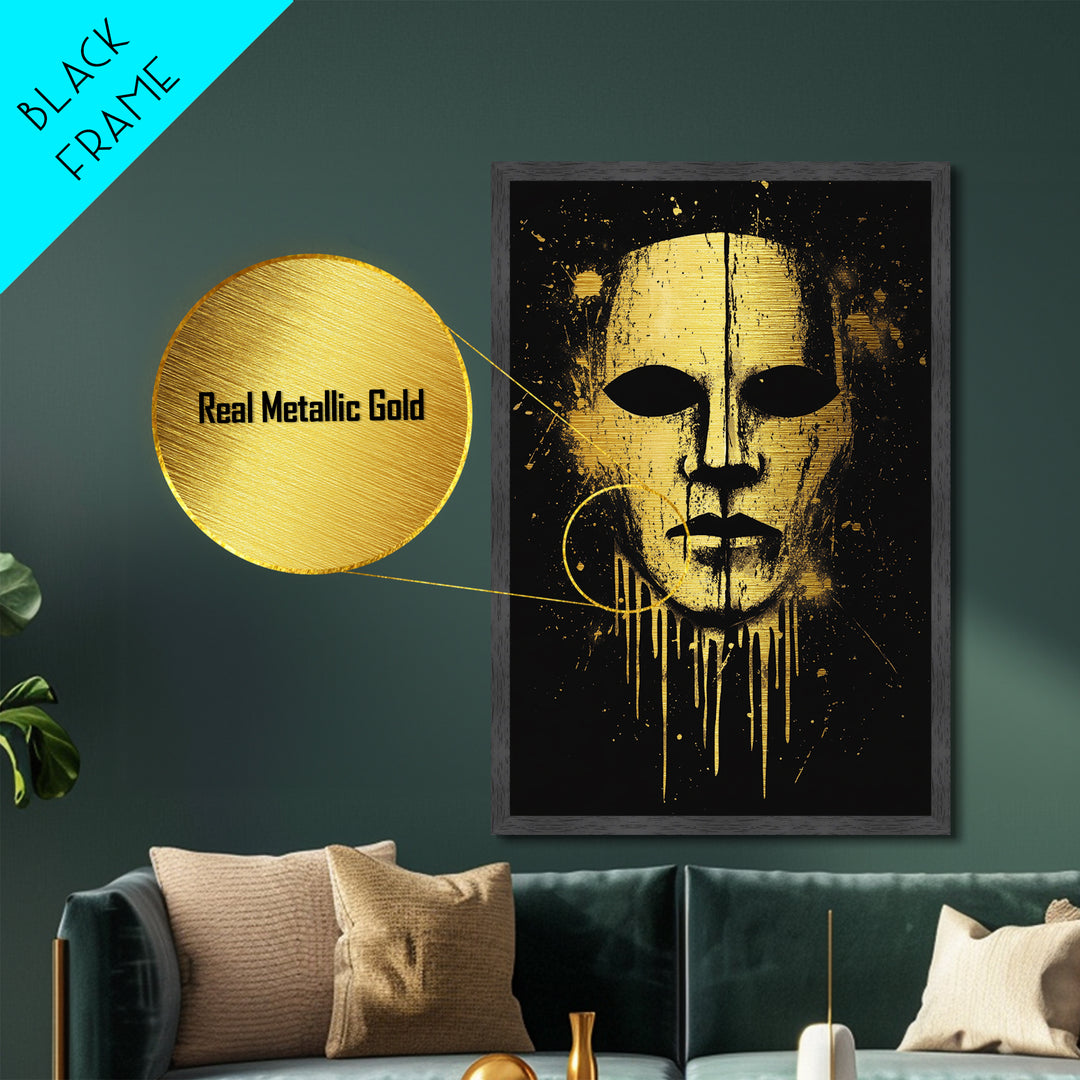 Ancient Warrior Mask Metallic Gold Metal Print, Bold Tribal Decor, Striking Wall Art, Real Wood Frame, Splatter Effect Modern Artwork