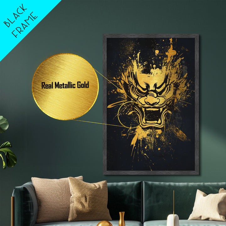 Mythical Dragon Face Metallic Gold Metal Print, Asian Inspired Art, Fierce Wall Decor, Real Wood Frame, Splatter Style Statement Artwork