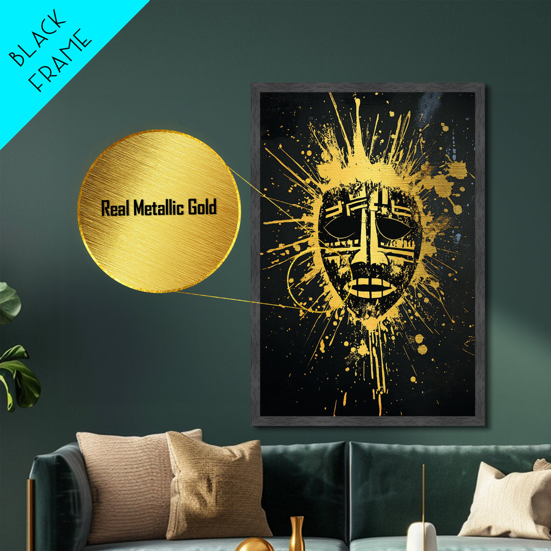 Tribal Mask Metallic Gold Metal Print, Ethnic Wall Art, Real Wood Frame, Splatter Abstract Face Decor, Modern Tribal Home Accent