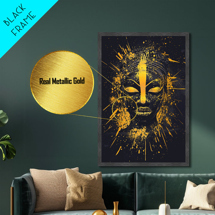 African Goddess Metallic Gold Metal Print, Ethnic Wall Art, Real Wood Frame, Splatter Portrait Art, Bold Tribal Modern Decor