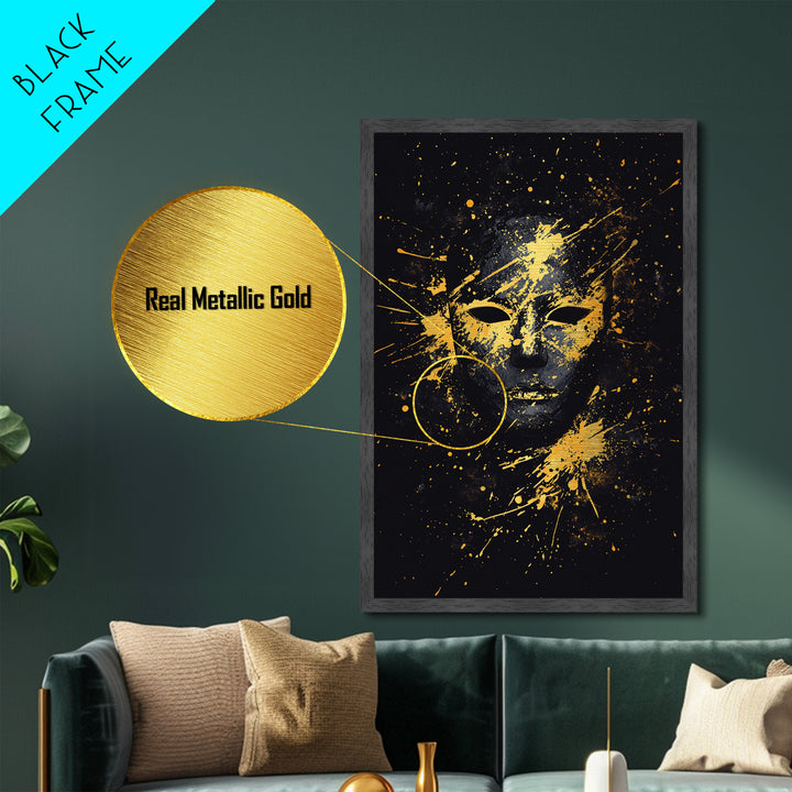 Mystical Face Metallic Gold Metal Print, Tribal Mask Art, Real Wood Frame, Splatter Abstract Decor, Cultural Ethnic Wall Accent
