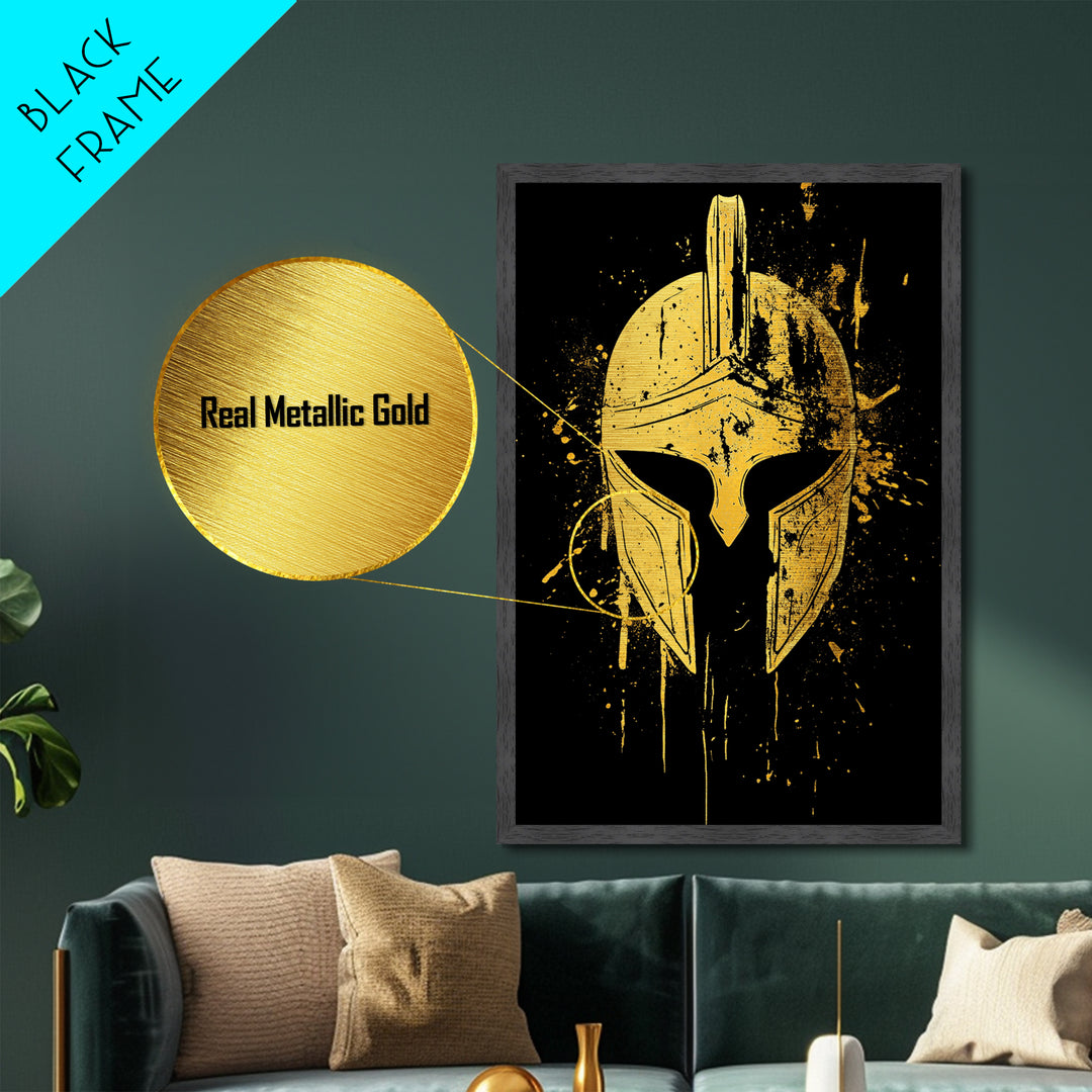 Spartan Helmet Metallic Gold Metal Print, Warrior Wall Art, Real Wood Frame, Bold Historic Decor, Ancient Greek Inspired Artwork