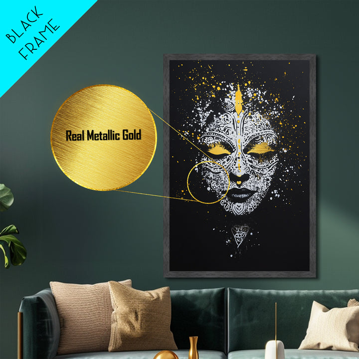 Demon Mask Metallic Gold Metal Print, Tribal Wall Art, Real Wood Frame, Mythical Splatter Art, Cultural Home Decor Accent