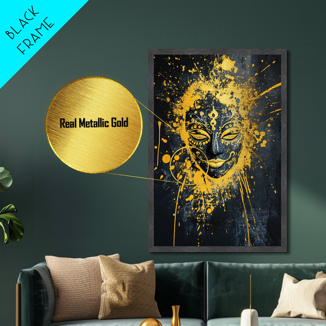 Sacred Mask Metallic Gold Metal Print, Ethnic Wall Art, Real Wood Frame, Mystical Splatter Portrait, Tribal Inspired Home Decor