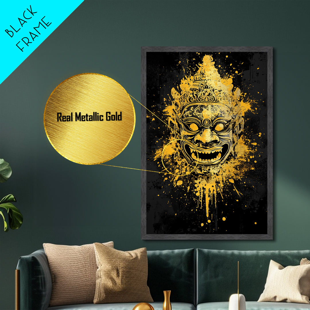 Ornamental Face Metallic Gold Metal Print, Tribal Mask Wall Art, Real Wood Frame, Ethnic Splatter Decor, Cultural Portrait Artwork