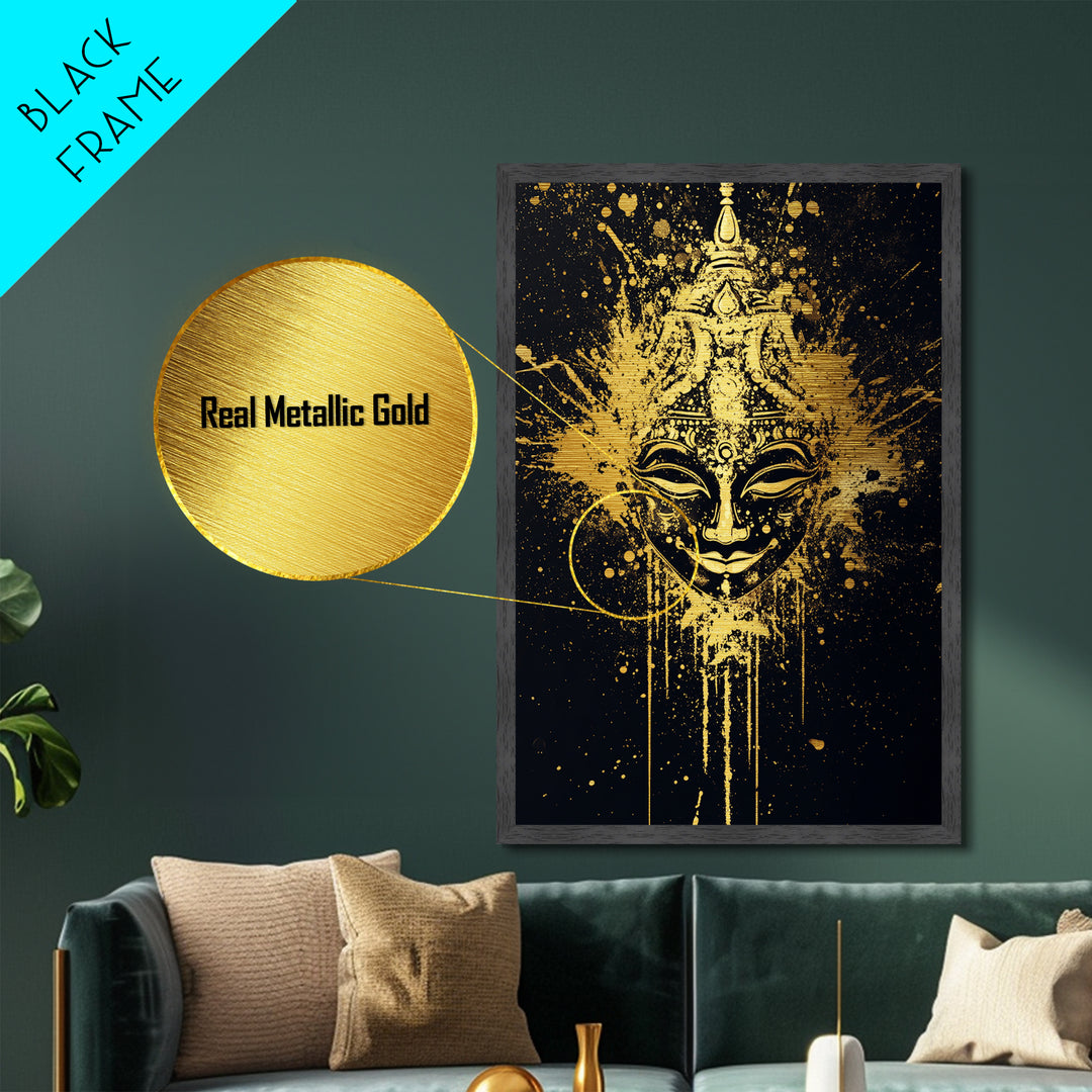 Decorative Mask Metallic Gold Metal Print, Tribal Wall Art, Real Wood Frame, Splatter Abstract Portrait, Ethnic Cultural Accent