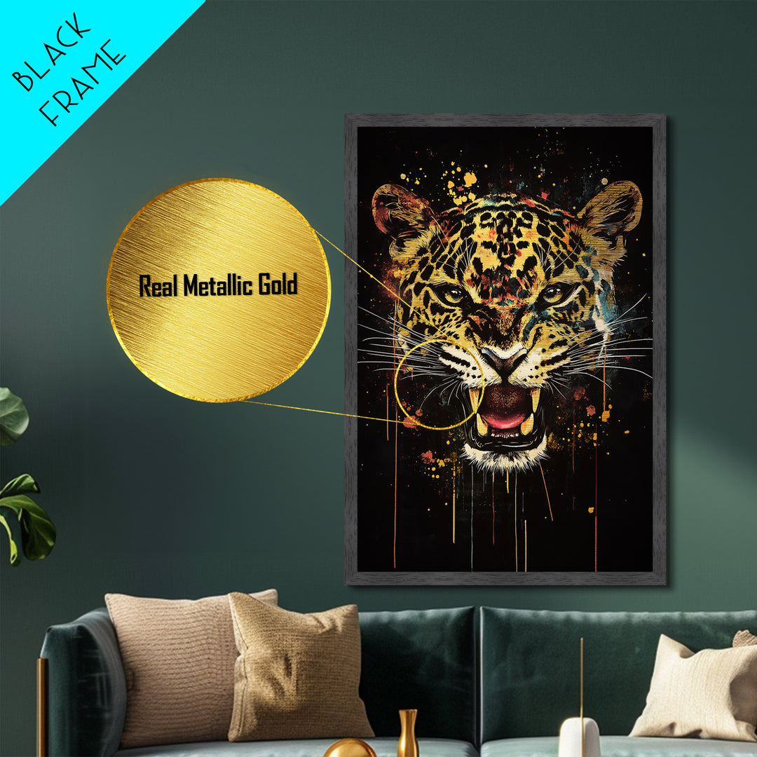 Jaguar Roar Metallic Gold Metal Print, Animal Wall Art, Real Wood Frame, Bold Wildlife Decor, Tribal Inspired Big Cat Home Accent