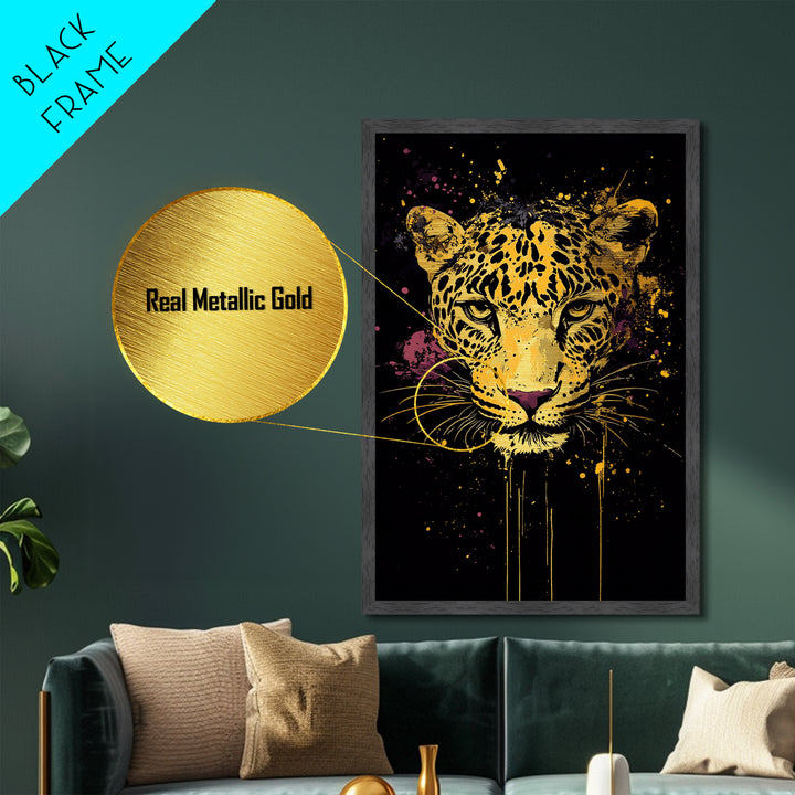 Leopard Portrait Metallic Gold Metal Print, Tribal Animal Art, Real Wood Frame, Splatter Wildlife Decor, Bold Exotic Jungle Artwork