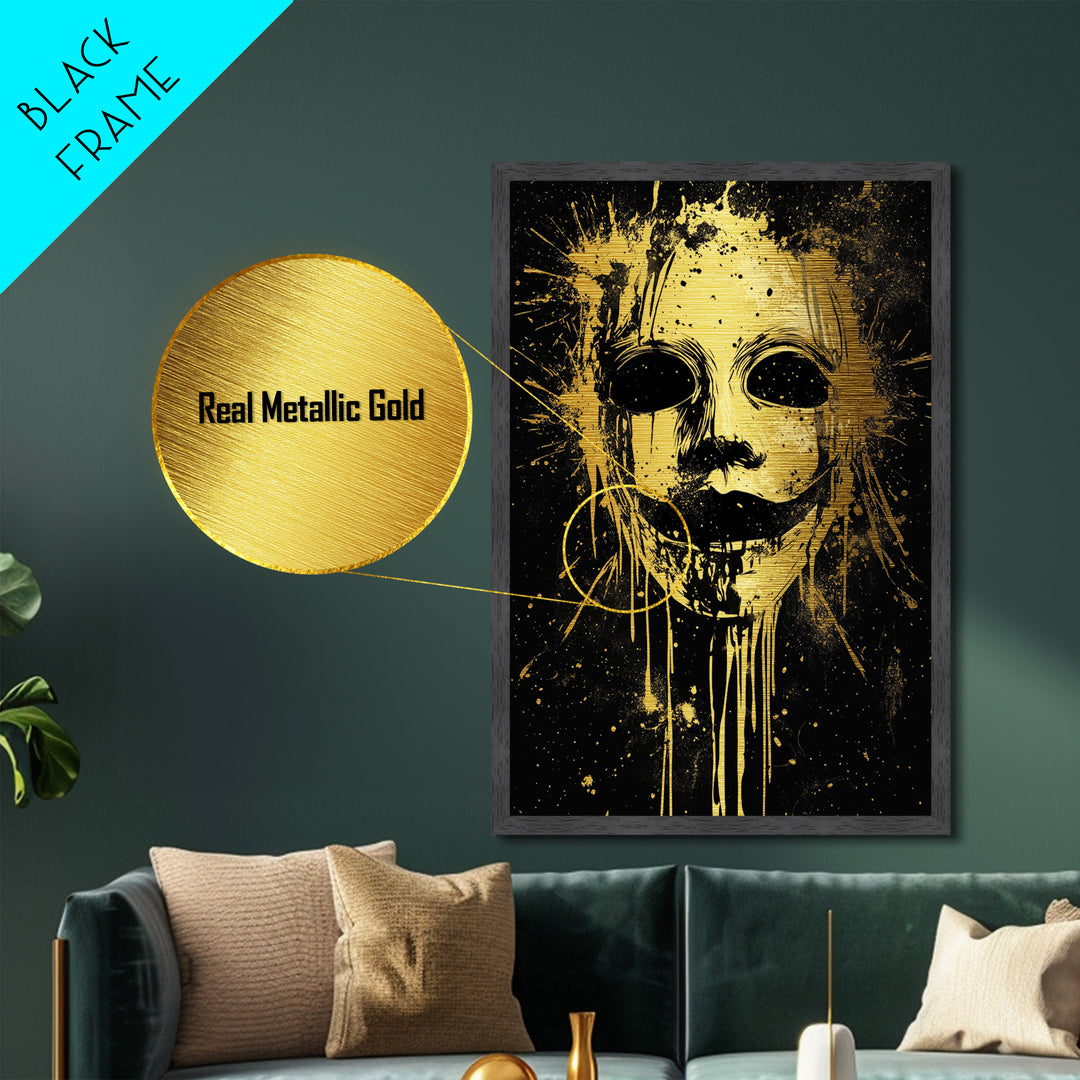Tribal Mask Splatter Art, Metallic Gold Metal Print, Abstract Ethnic Wall Decor, Real Wood Frame, Modern Warrior Artwork