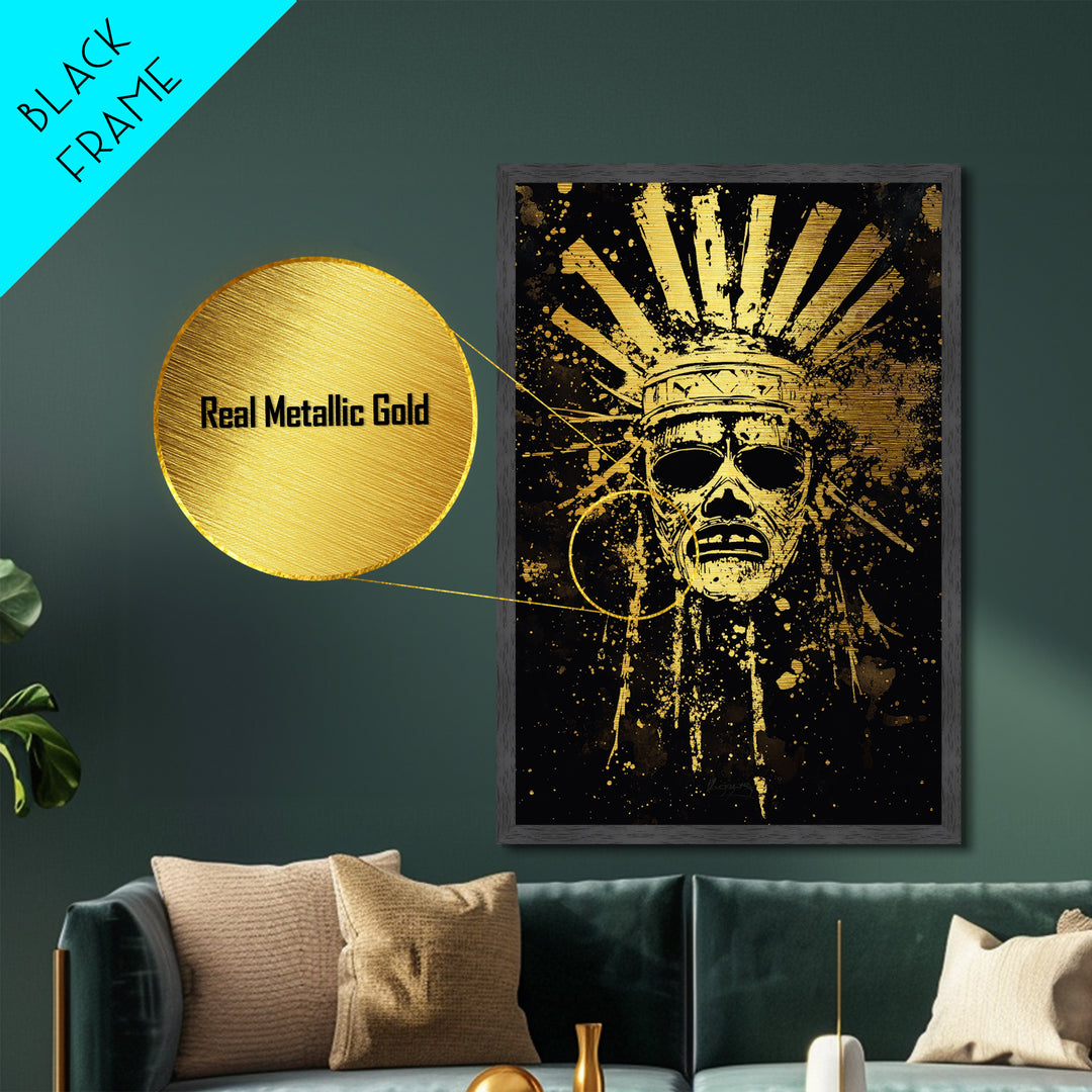 African Goddess Splatter Portrait, Metallic Gold Metal Print, Cultural Wall Art, Real Wood Frame, Bold Feminine Artwork