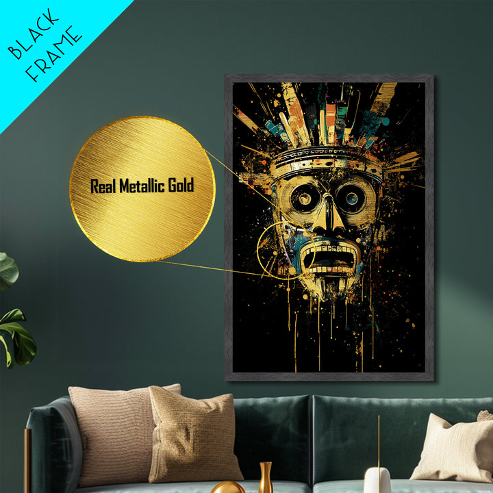 Abstract Splatter Mask Face, Metallic Gold Metal Print, Modern Tribal Wall Art, Real Wood Frame, Contemporary Statement Decor