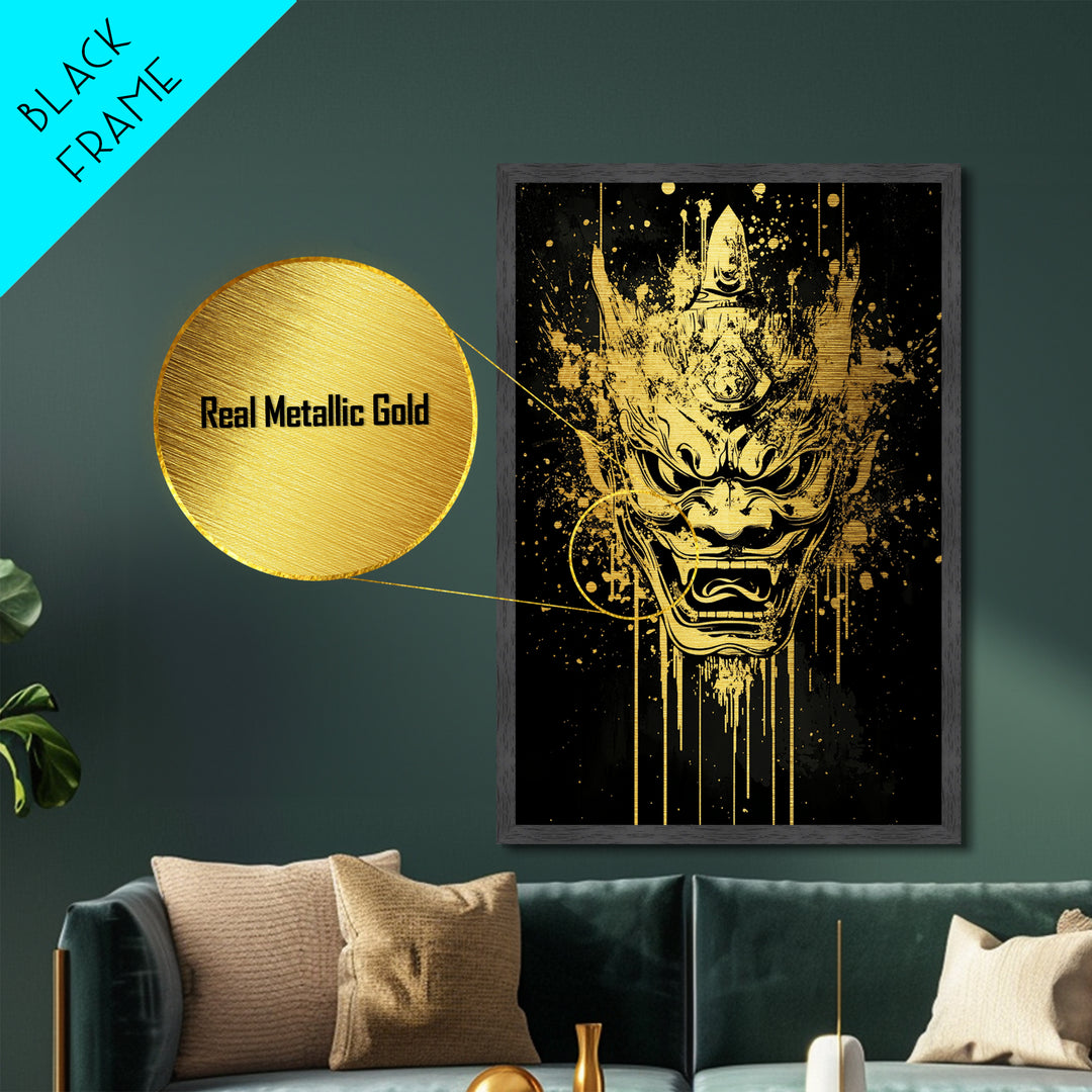 Mythical Demon Splatter Mask, Metallic Gold Metal Print, Bold Wall Art, Real Wood Frame, Fierce Cultural Decor