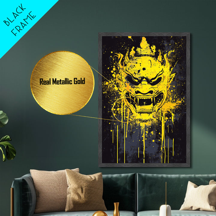 Sacred Mask Splatter Art, Metallic Gold Metal Print, Ethnic Spiritual Wall Decor, Real Wood Frame, Mystical Warrior Artwork