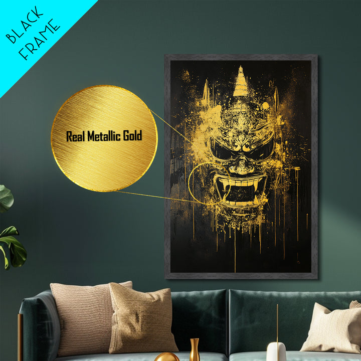 Ornate Splatter Face Mask, Metallic Gold Metal Print, Abstract Cultural Wall Art, Real Wood Frame, Detailed Tribal Artwork