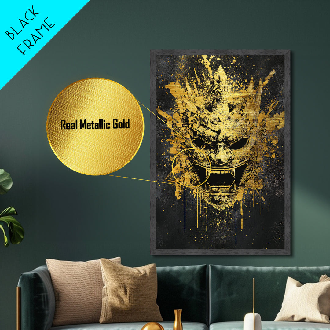 Decorative Tribal Splatter Mask, Metallic Gold Metal Print, Modern Ethnic Wall Decor, Real Wood Frame, Bold Statement Artwork