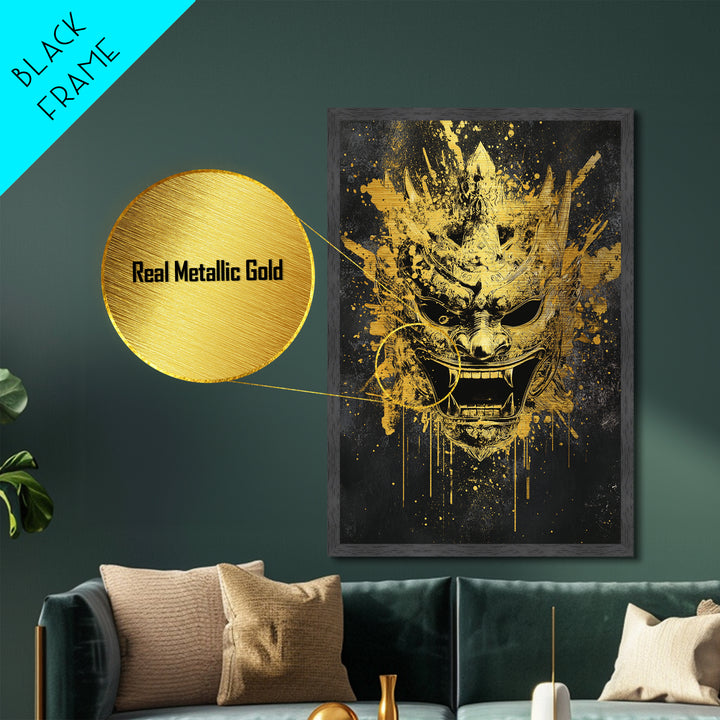 Decorative Tribal Splatter Mask, Metallic Gold Metal Print, Modern Ethnic Wall Decor, Real Wood Frame, Bold Statement Artwork