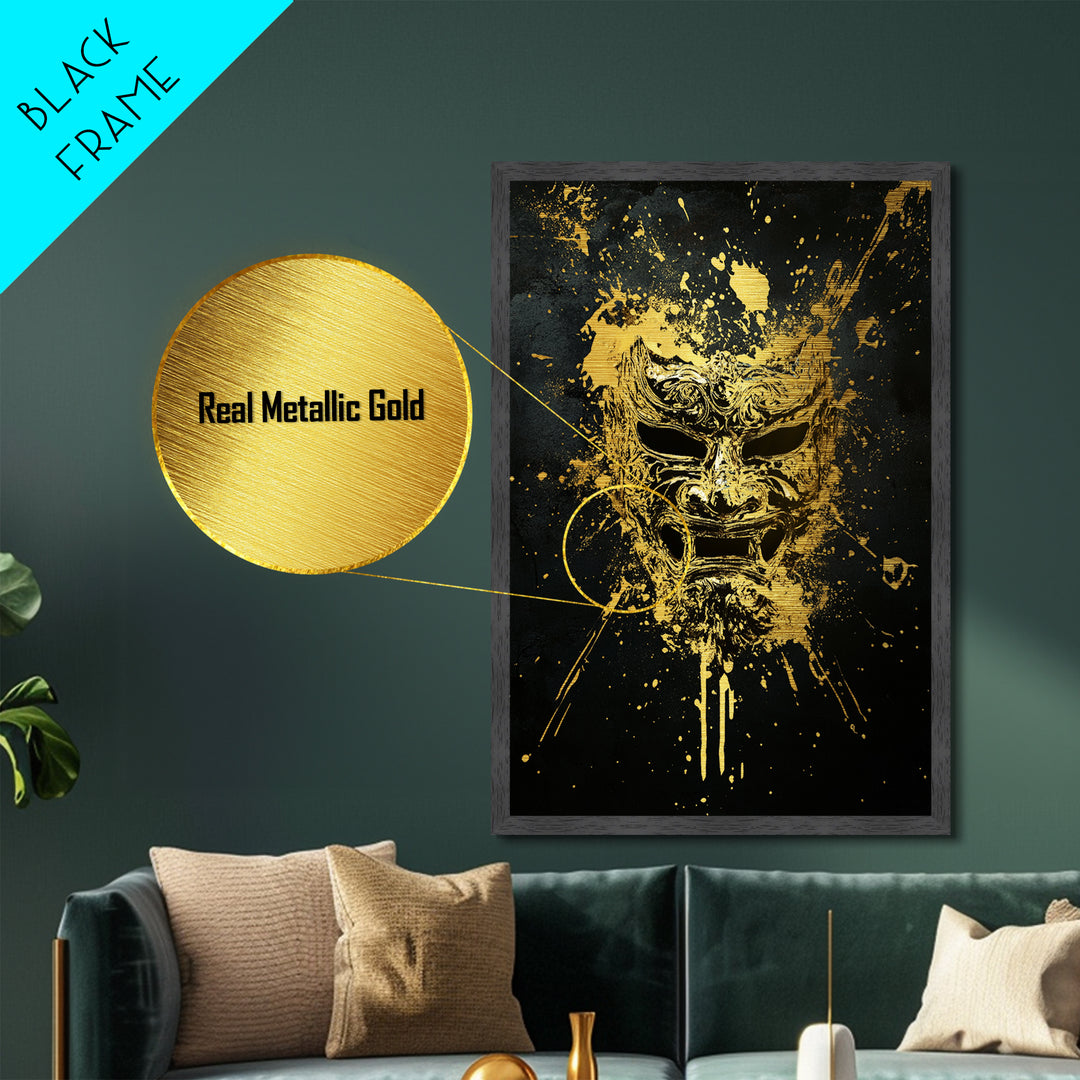 Fierce Demon Mask Metallic Gold Metal Print, Splatter Art Wall Decor, Mythical Wall Art, Real Wood Frame, Tribal Home Accent