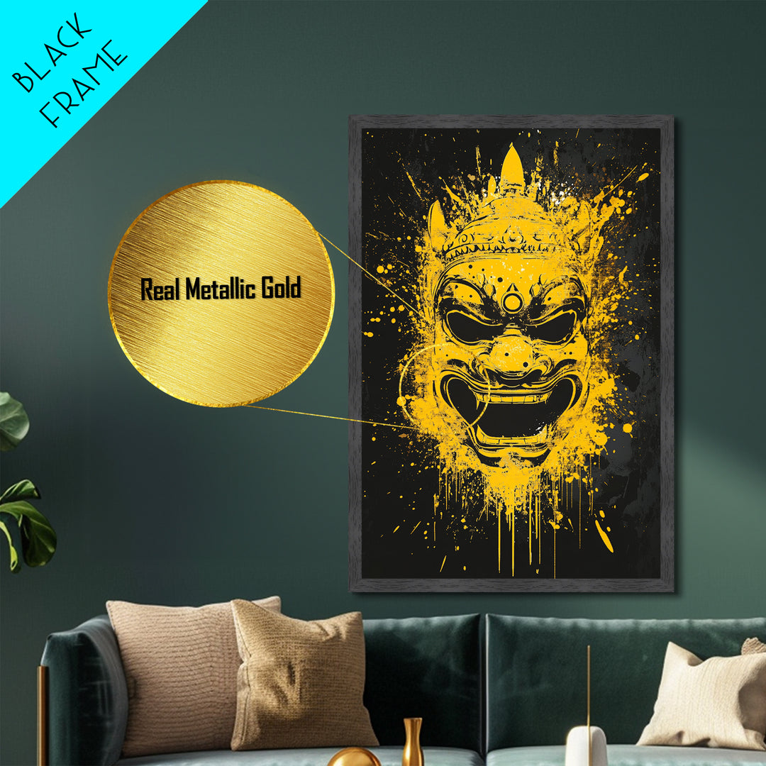 Ancient Warrior Mask Metallic Gold Metal Print, Splatter Style Wall Decor, Bold Wall Art, Real Wood Frame, Mythical Home Accent