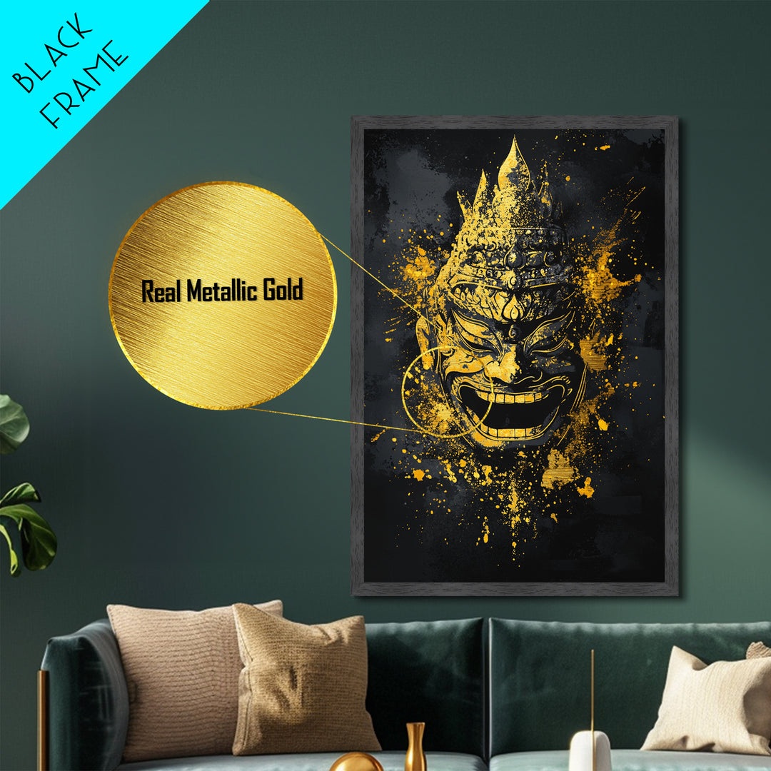 Mythical Demon Mask Metallic Gold Metal Print, Splatter Style Wall Decor, Tribal Inspired Wall Art, Real Wood Frame, Bold Home Accent